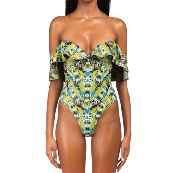 Andrea Lyamah Green Blue Carly Off Shoulder Ruffled One Piece Swimsuit Coastal - Picture 1 of 15